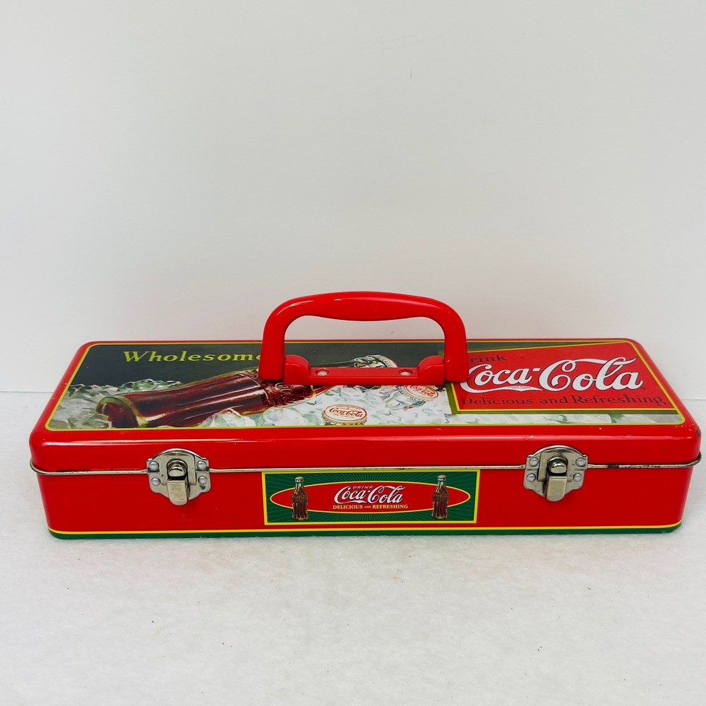 Coca-Cola Metal Tin Storage Box Red Collectible Lunch Box Case With Handle Latch